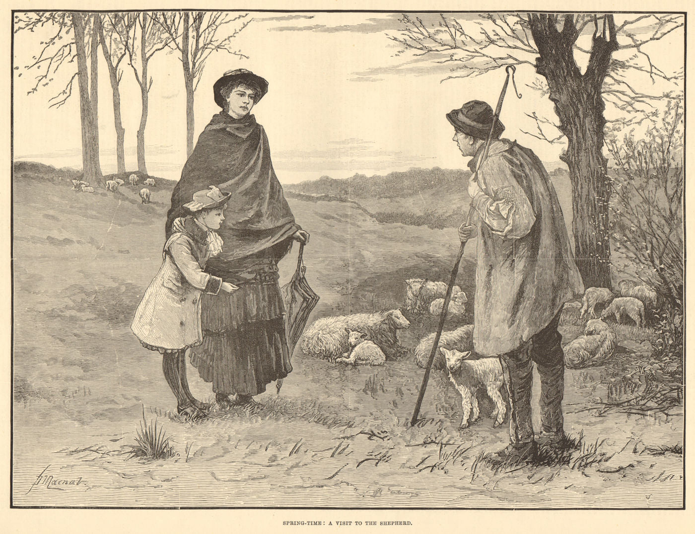 Spring-time: A visit to the shepherd. Farming 1883 old antique print picture